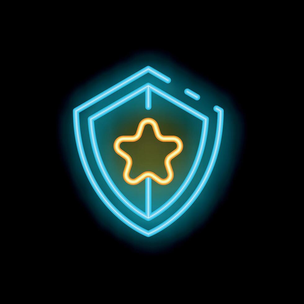 Neon shield protecting a star on black background vector