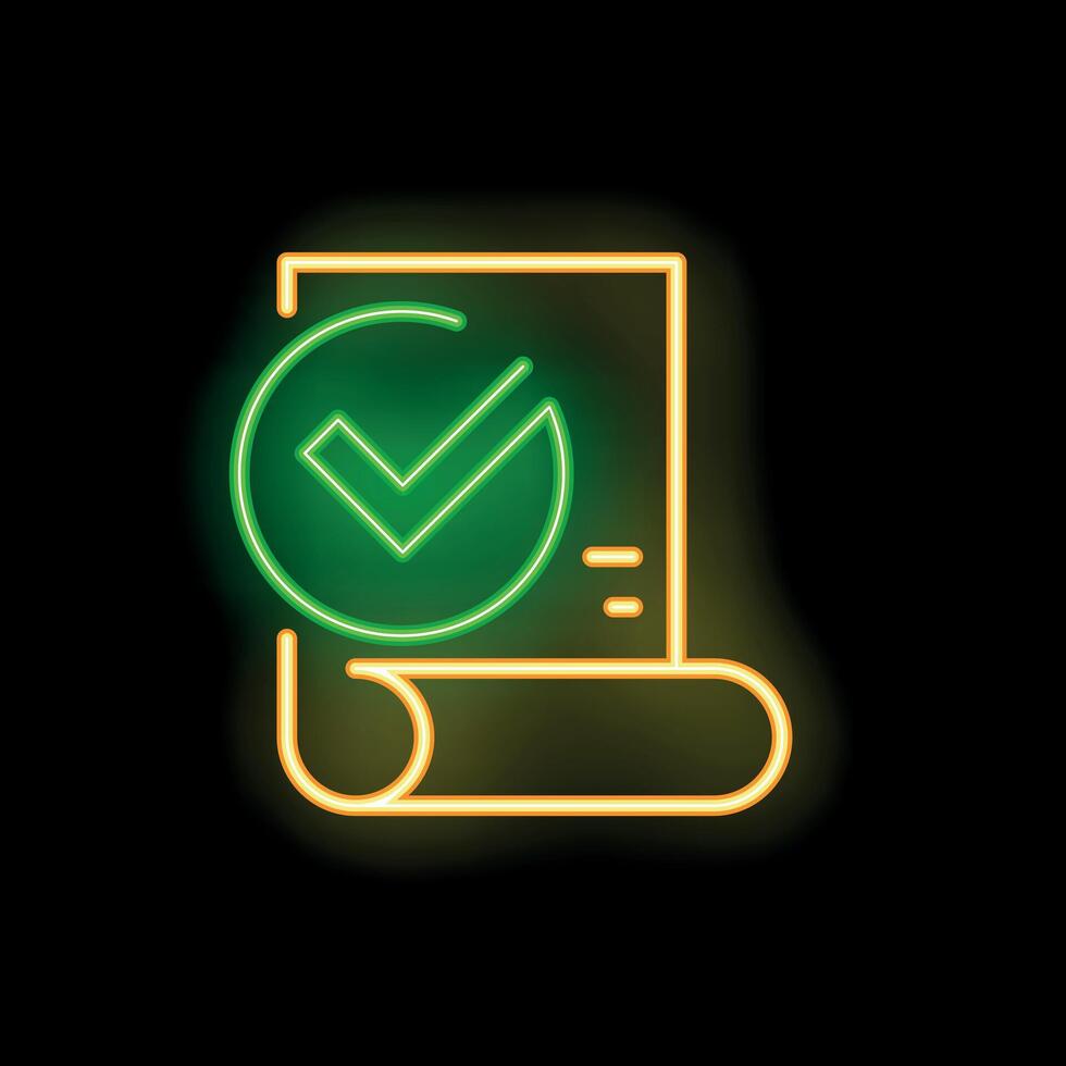 Neon icon showing document receiving green check mark vector