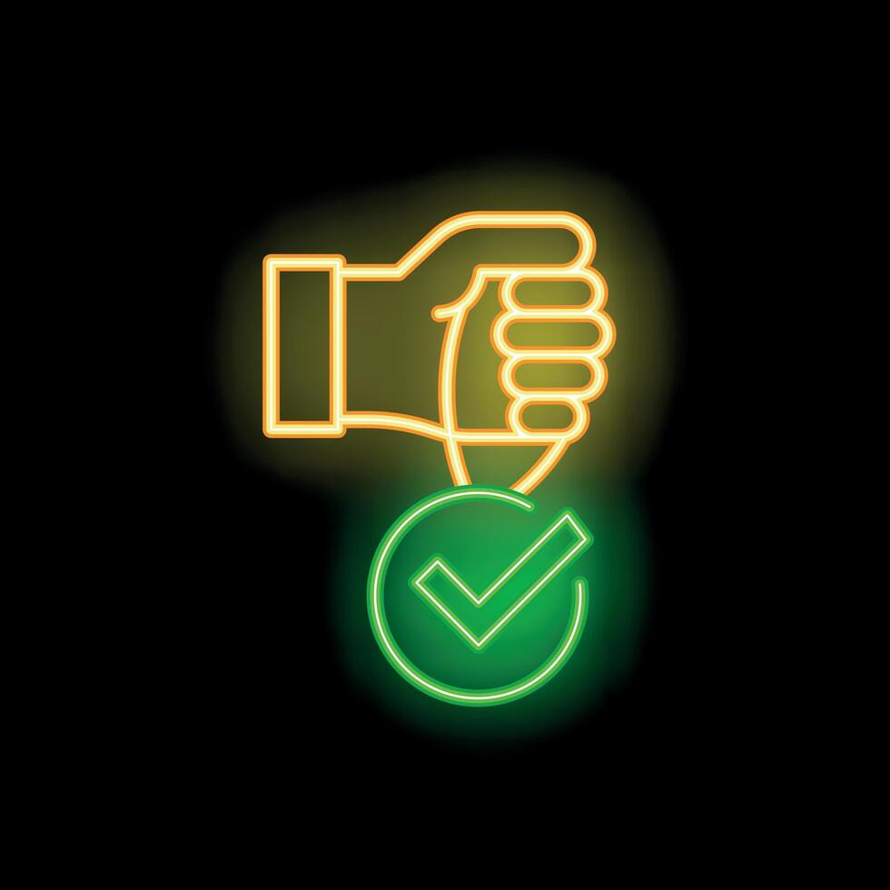 Neon style icon hand holding check mark symbol on dark background vector