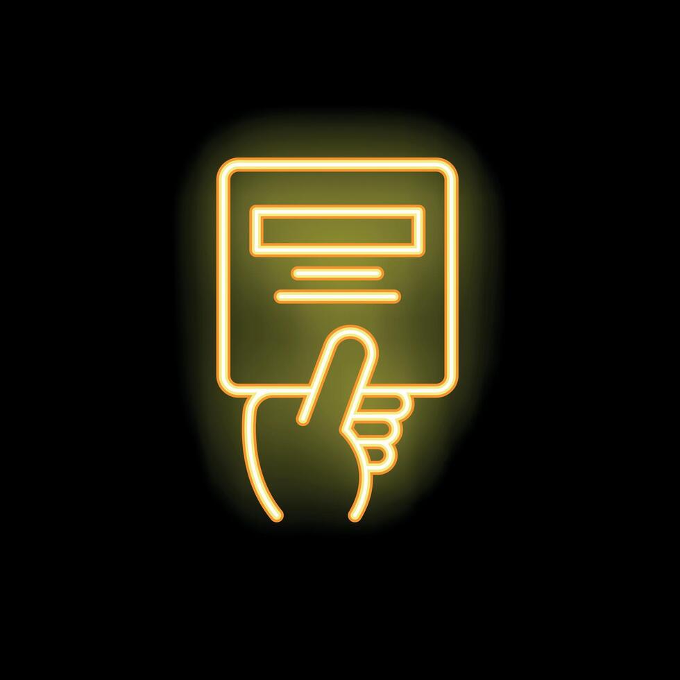 Hand holding document with index finger pointing at it in neon style vector