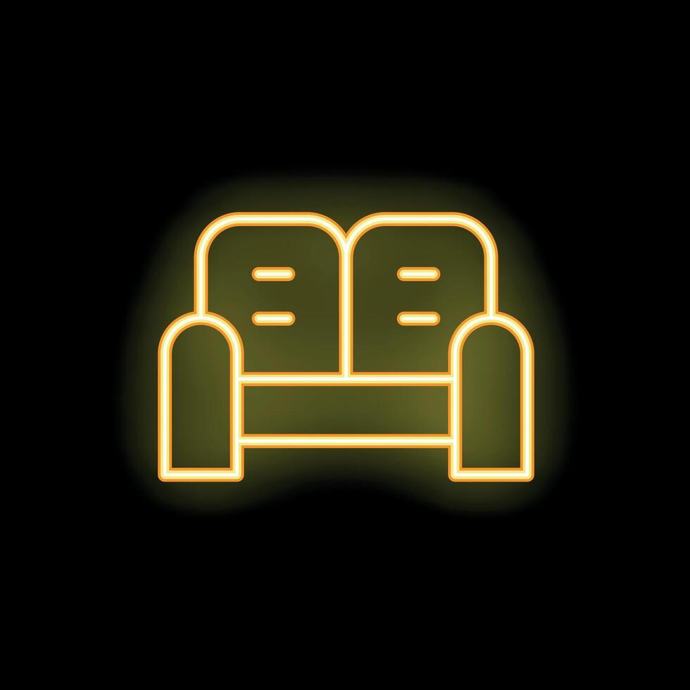 Yellow neon icon of a sofa shining on black background vector