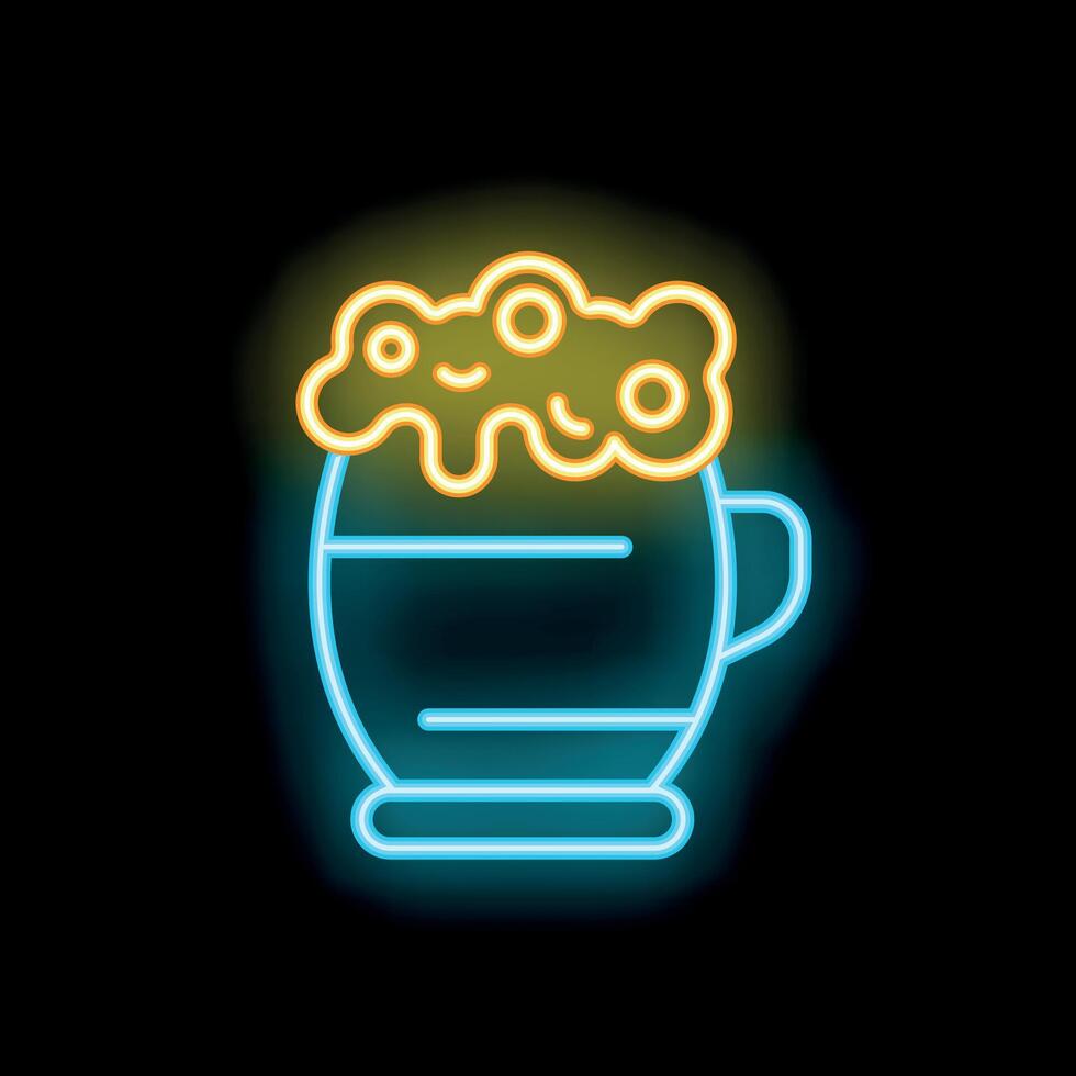 Blue and yellow neon sign of a beer pint with foam overflowing on black background vector