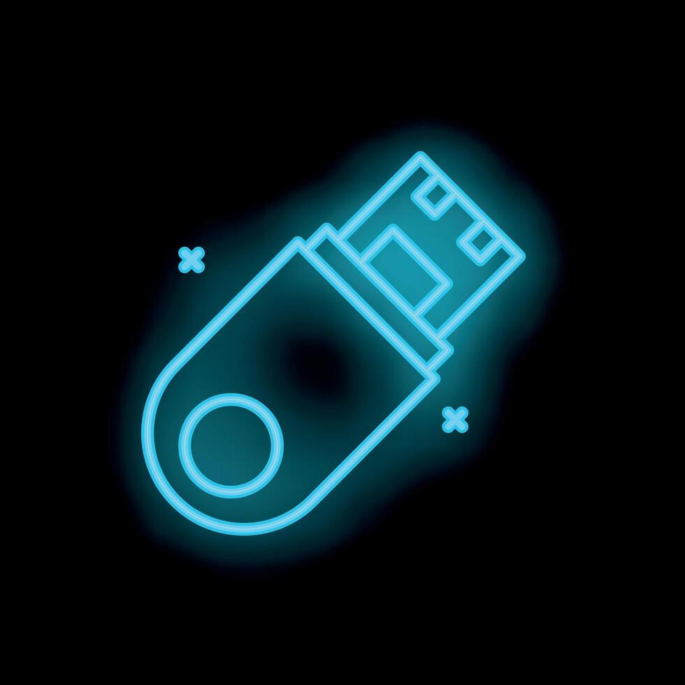 Neon usb flash drive icon glowing against a dark background vector
