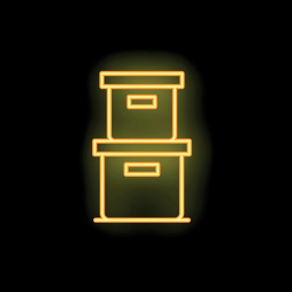 Neon icon of archive boxes glowing yellow on black background vector