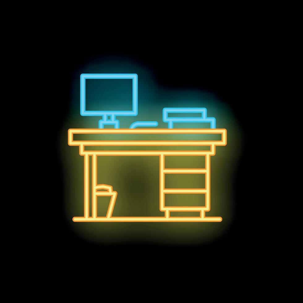 Glowing neon sign icon of an office desk with a computer vector