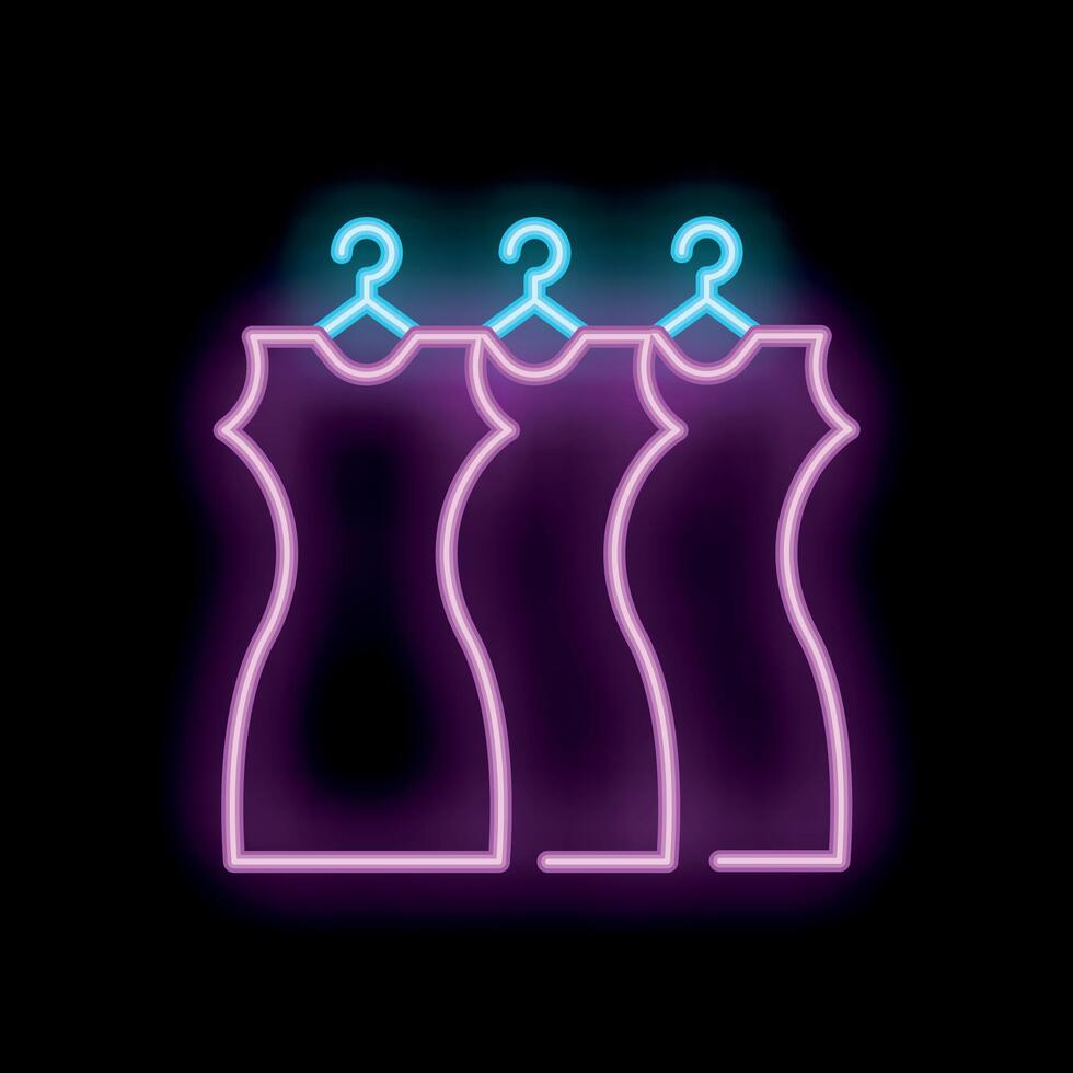 Neon sign representing three dresses hanging on hangers on black background vector