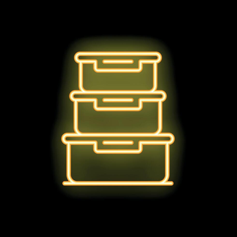 Neon icon of three lunch boxes stacked on black background vector