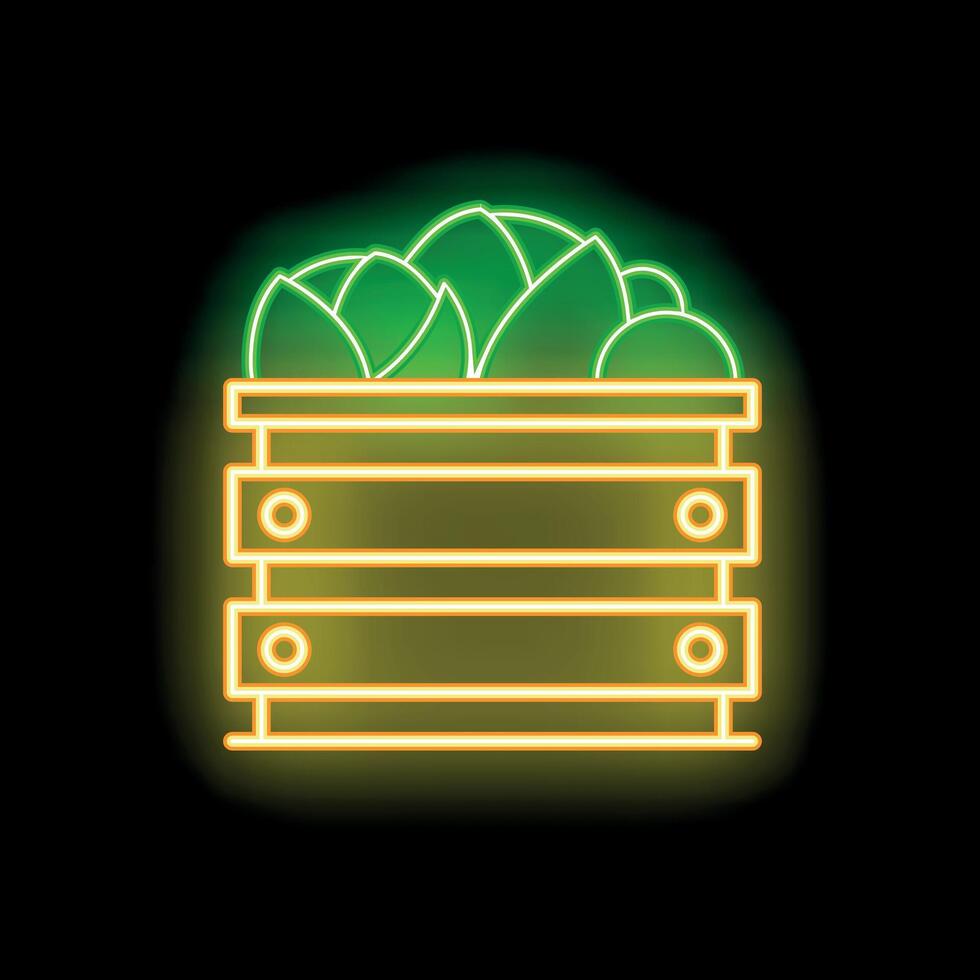Neon sign of a wooden crate full of freshly harvested vegetables vector