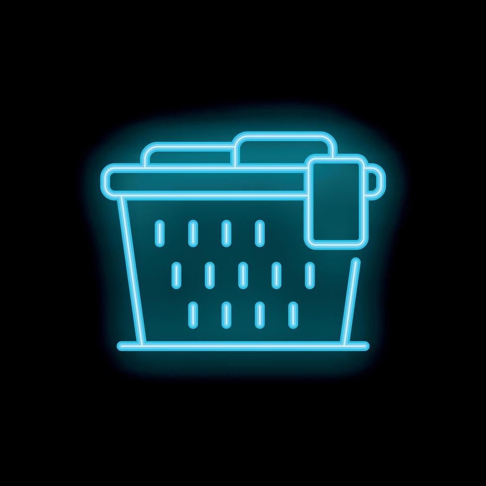 Neon laundry basket filled with clothes and detergent on black background vector