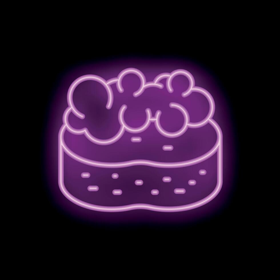 Bright pink neon sign showing a sponge with soap suds for hygiene and cleaning on black background vector