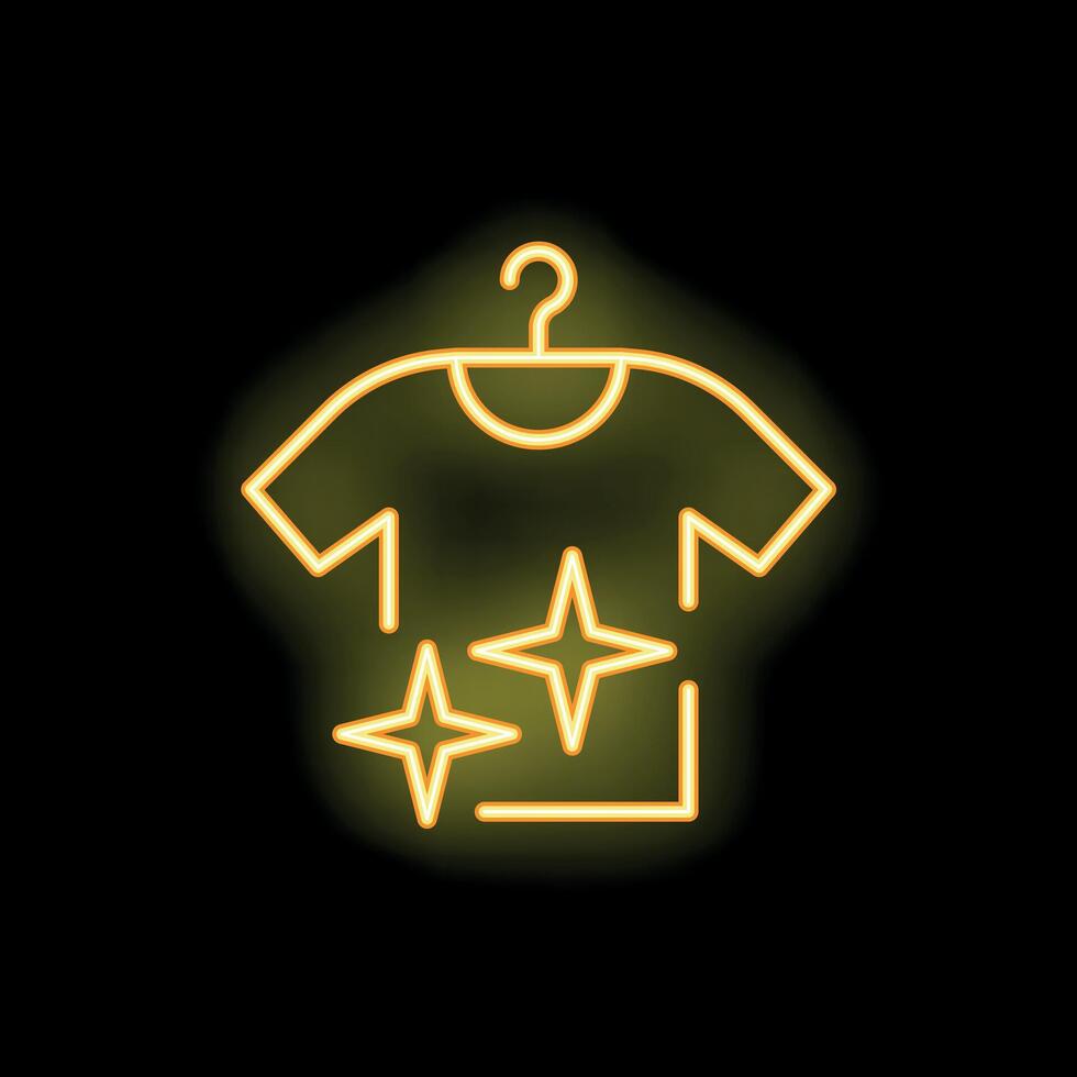 Clean t shirt hanging on hanger with shining stars neon sign on black background vector