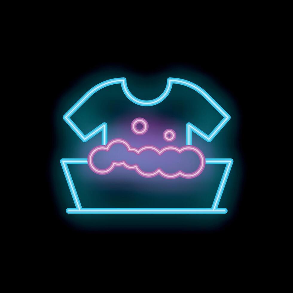 Neon icon of t shirt soaking in basin with soap suds for laundry night vector