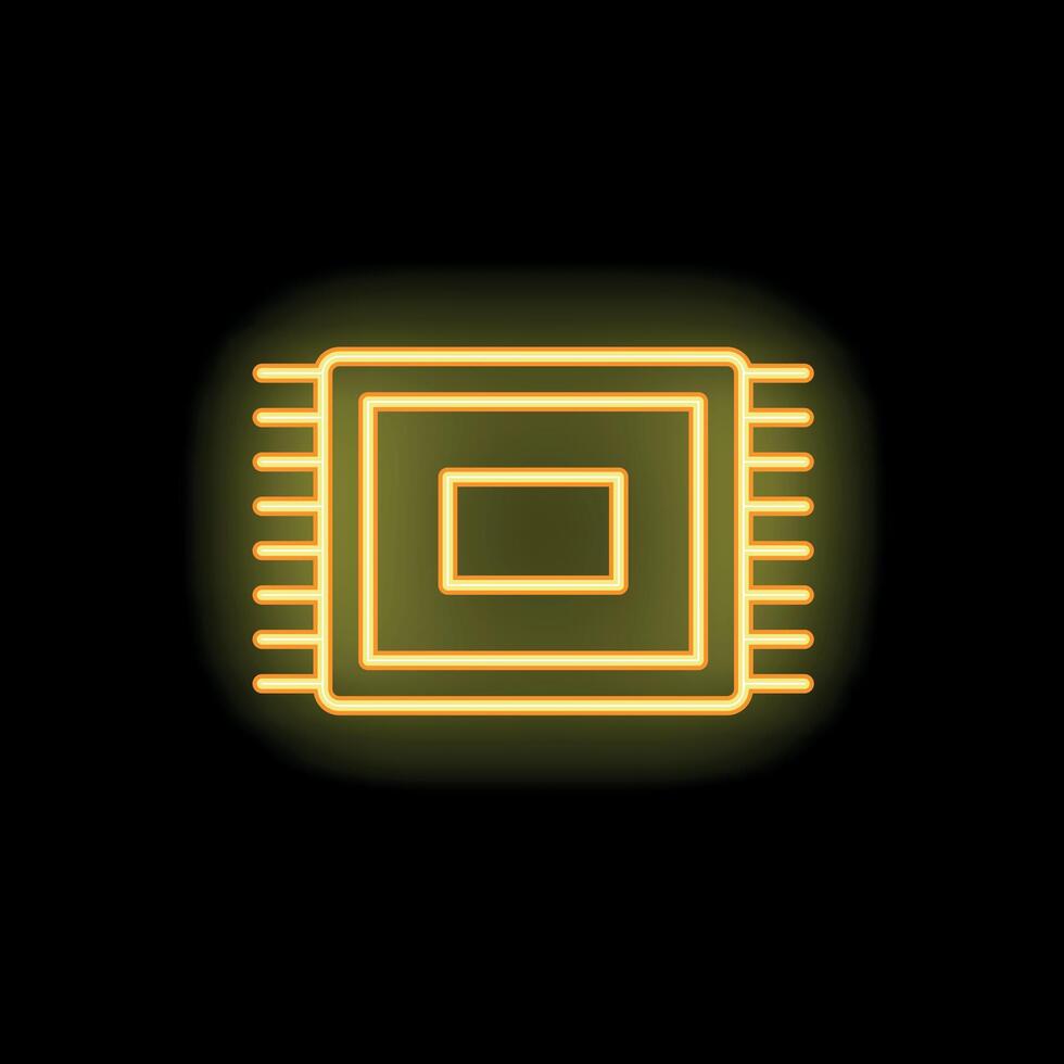 Neon style icon of computer chip glowing on black background vector