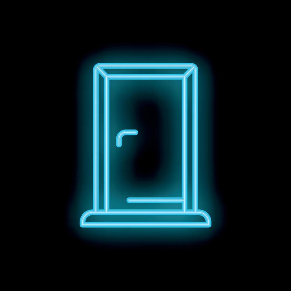 Bright blue neon sign showing a doorway on black background vector