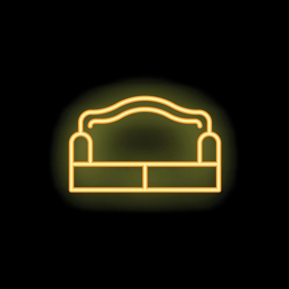 Yellow neon sign of a sofa glowing on a black background vector