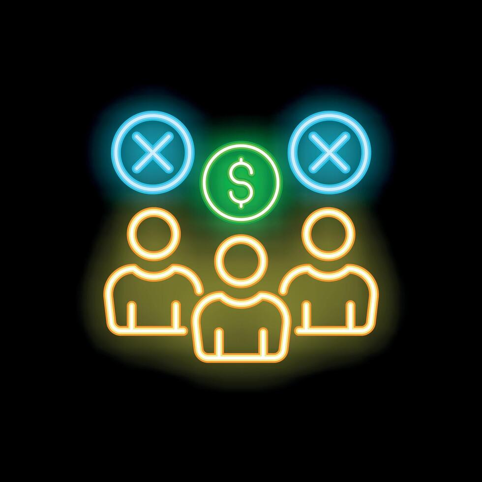 Team facing financial loss with dollar sign and cross marks neon signboard style vector