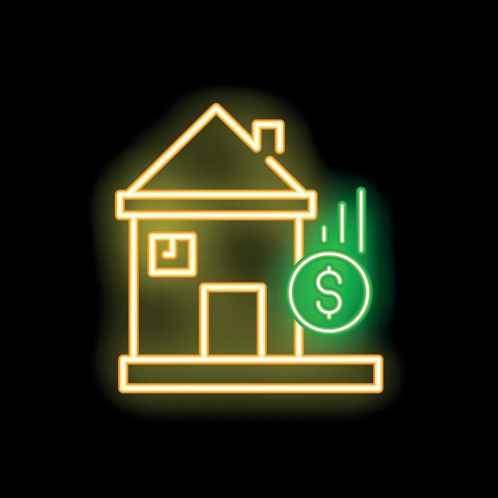Neon sign of house with falling dollar coin representing housing market crash vector