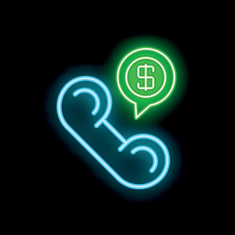 Neon phone handset receiving money speech bubble icon glowing on black background vector