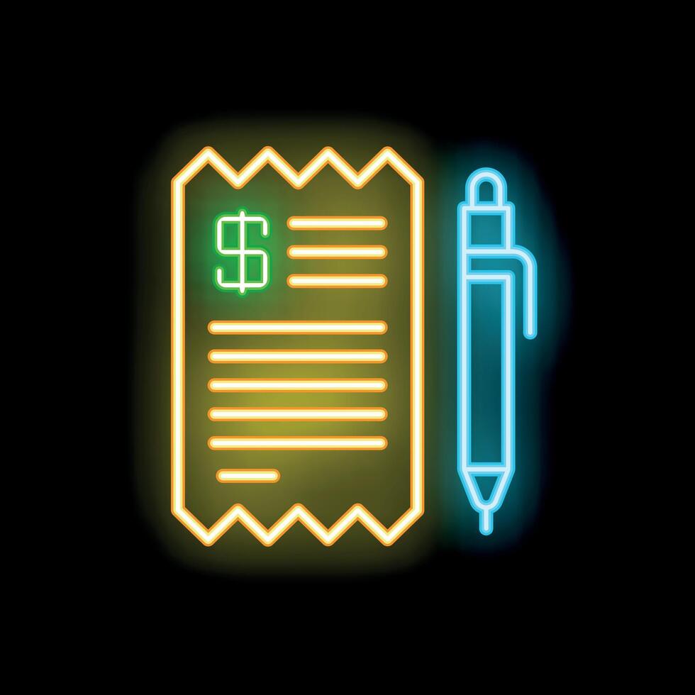Neon icon of pen writing on invoice representing payment for services vector