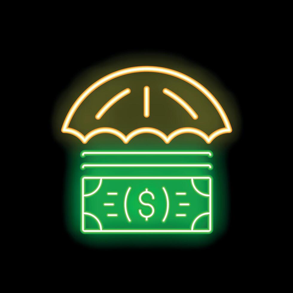 Neon sign of umbrella protecting money from rainstorm vector