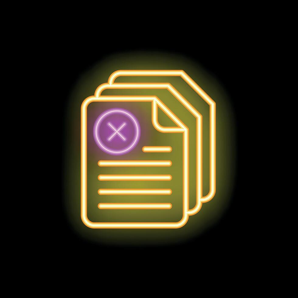 Neon icon of documents with rejected status representing unsuccessful contract vector