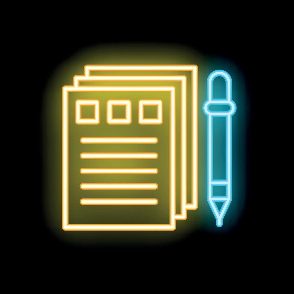 Glowing neon icon of documents with checkboxes and a pen, perfect for representing tasks, notes, or forms vector
