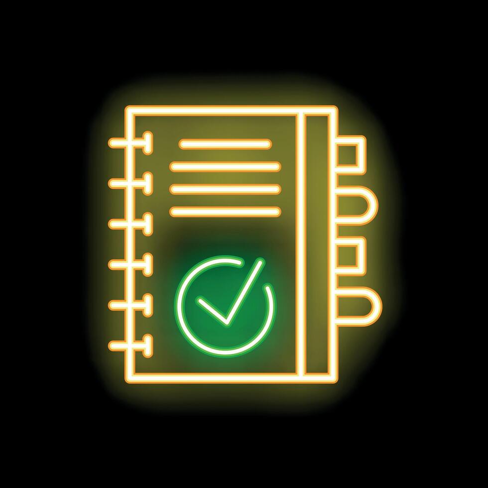 Neon notebook checkmark icon glowing on dark background vector