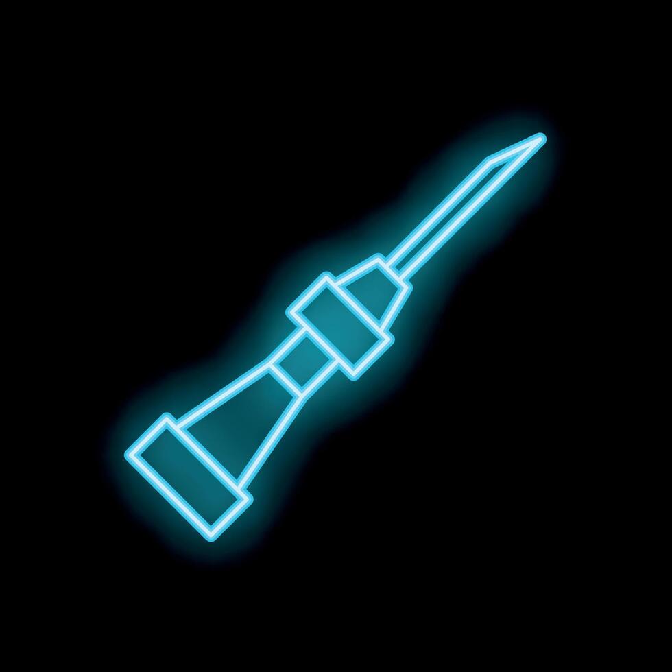 Blue neon icon of awl tool glowing on black background vector