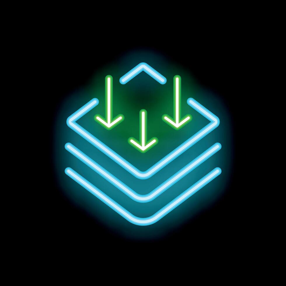 Neon glowing download symbol with three arrows pointing down on a stack of layers vector