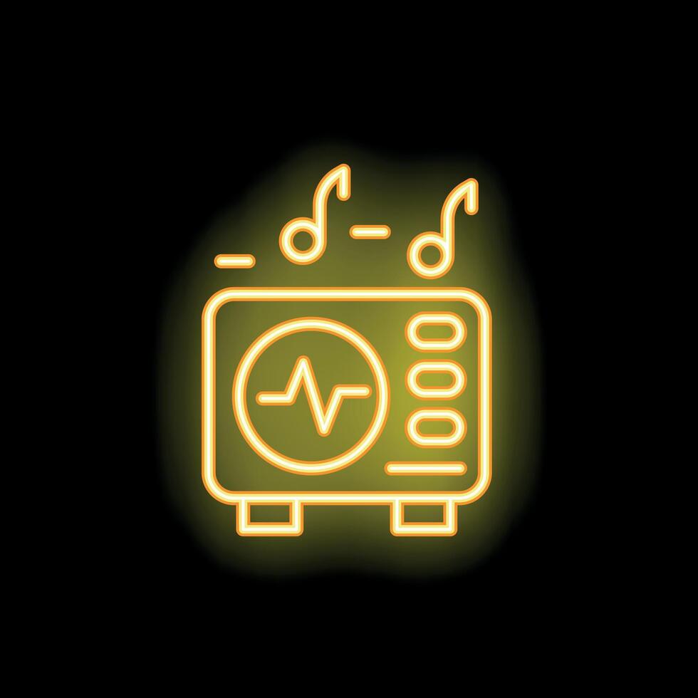 Neon icon of audio device playing music with soundwave visualization vector