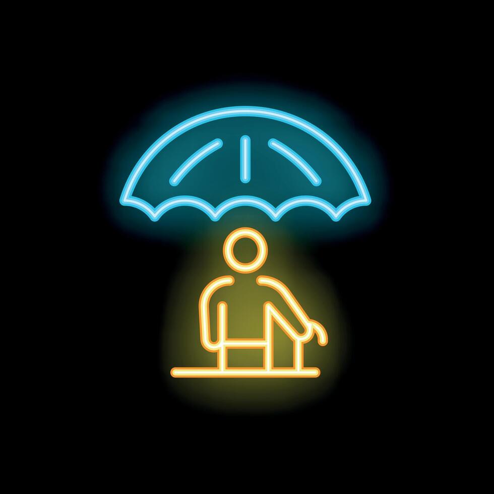 Neon style icon of person covered by umbrella symbolizing insurance vector