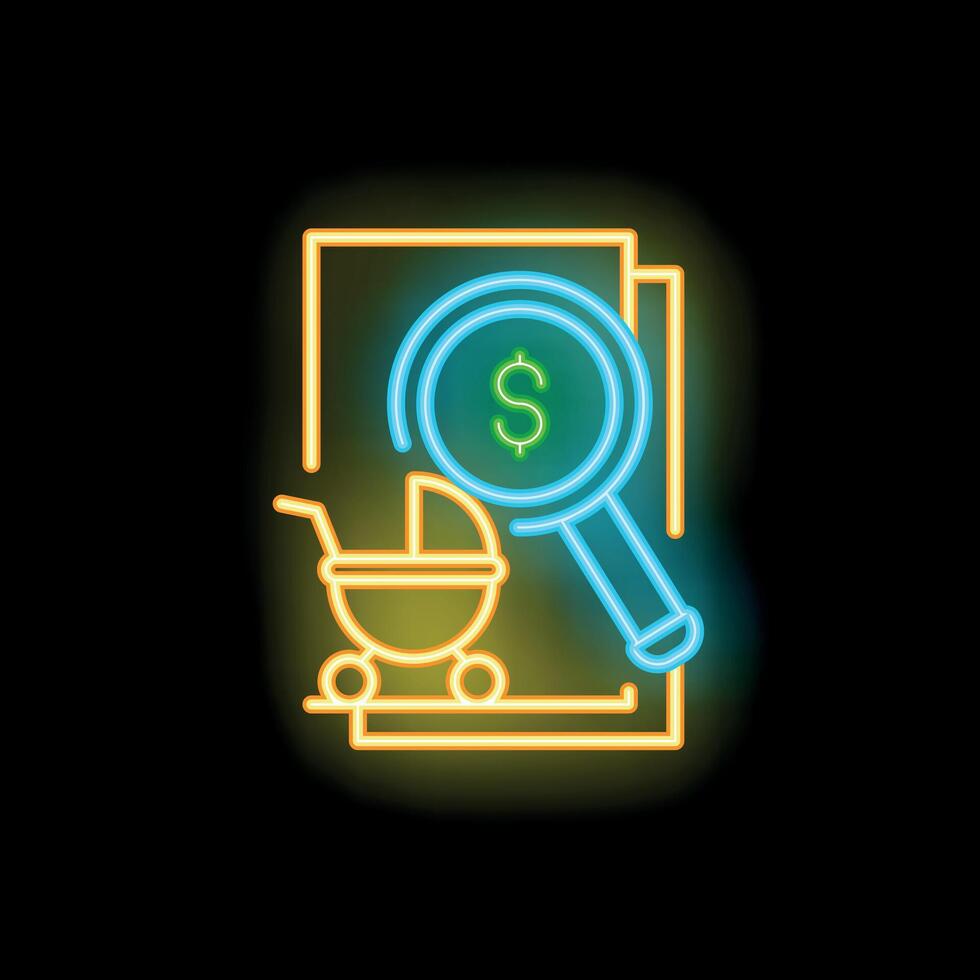 Neon icon of magnifying glass searching money for baby stroller vector