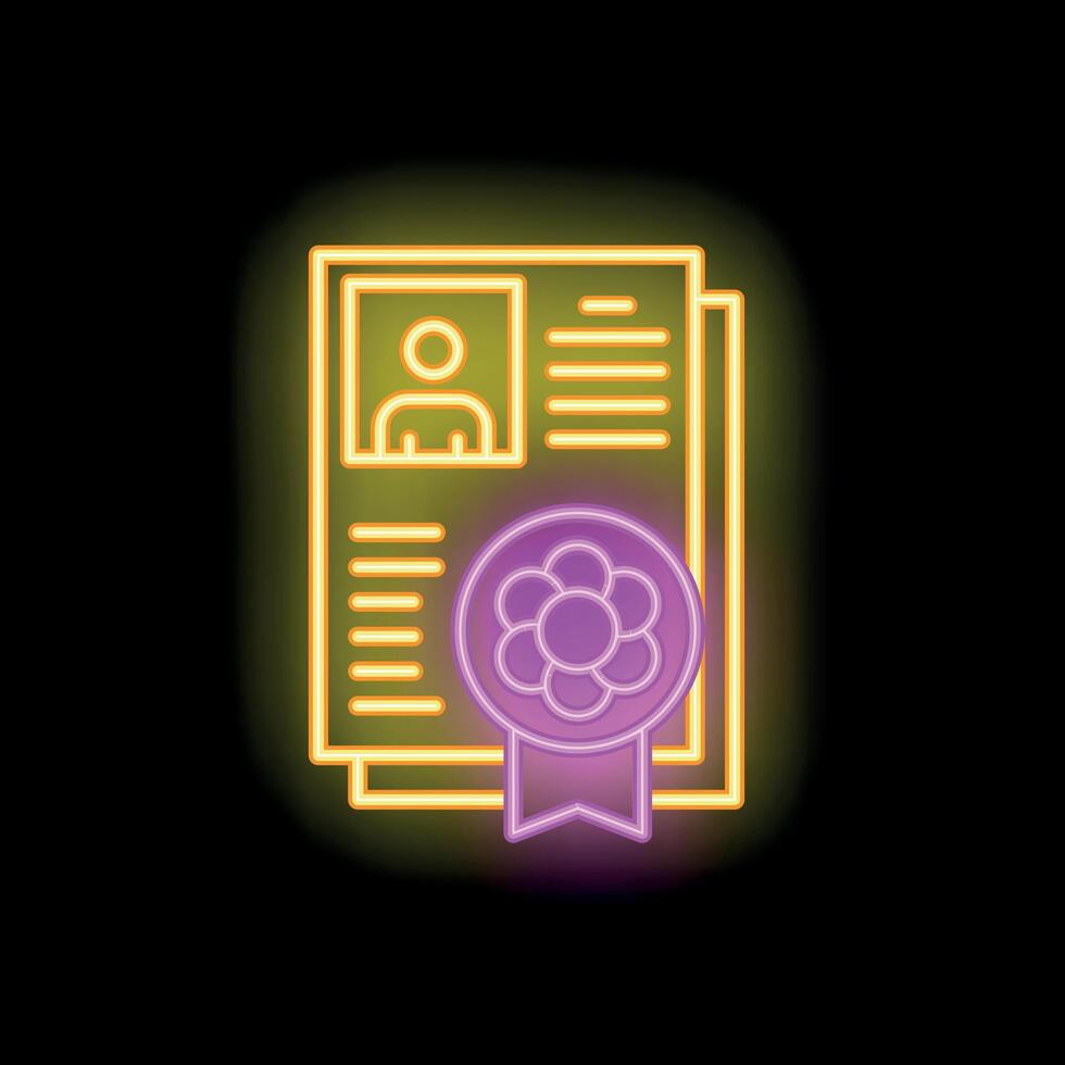 Neon icon of curriculum vitae with award ribbon representing successful career vector