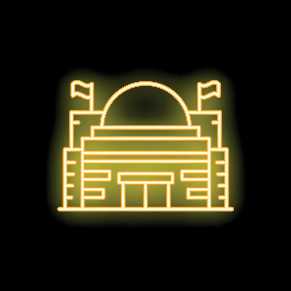 Yellow neon sign illustrating a government building with flags vector