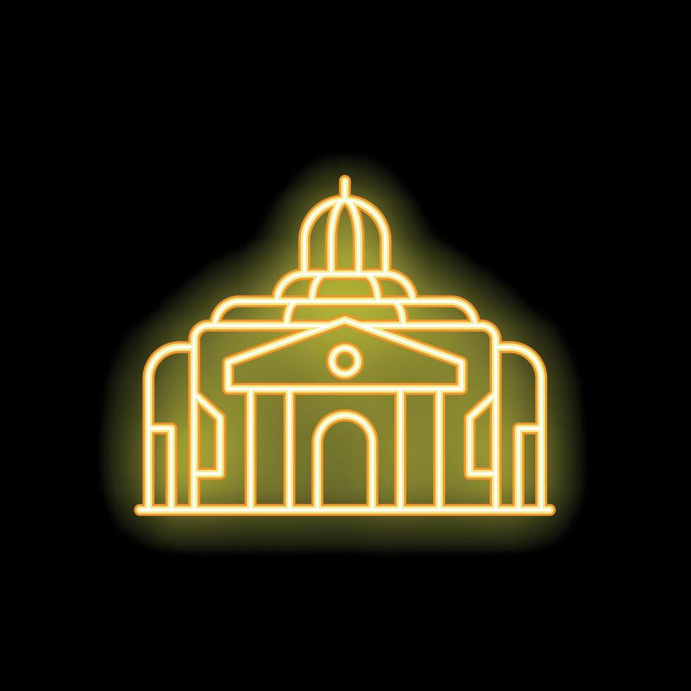 Neon sign representing a courthouse building with columns and dome glowing on black background vector