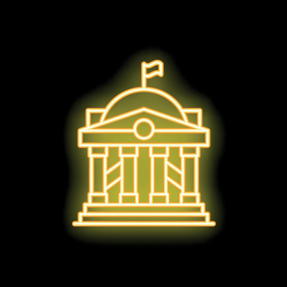 Neon yellow government building with flag flying high at night vector