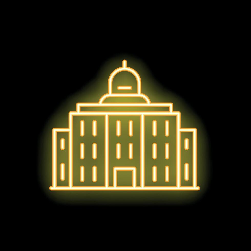 Yellow neon sign showing a public building with columns and dome on black background vector