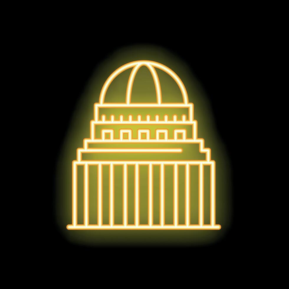 Yellow neon sign of a government building with columns and a dome on black background vector