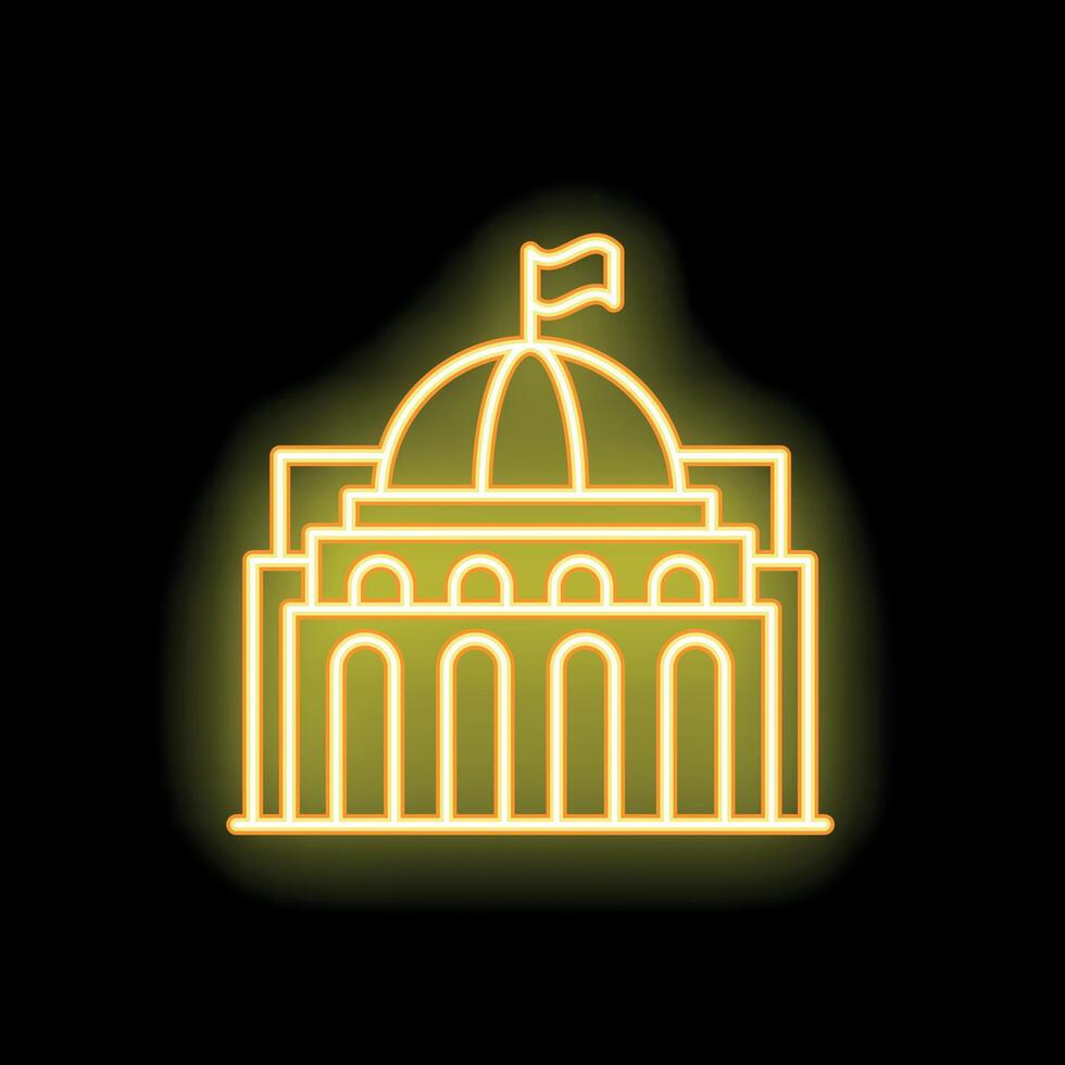 Neon sign of government building with flag on black background vector