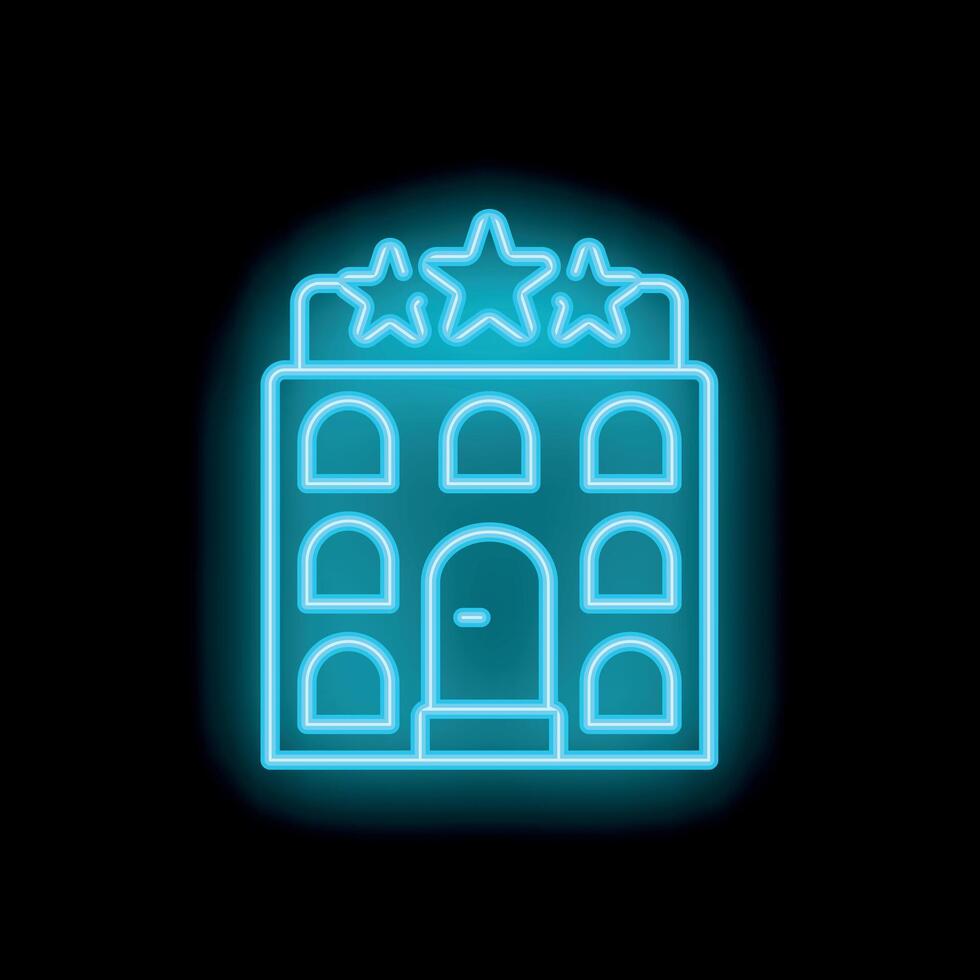 Blue neon sign of a hotel building with three stars on top on a black background vector
