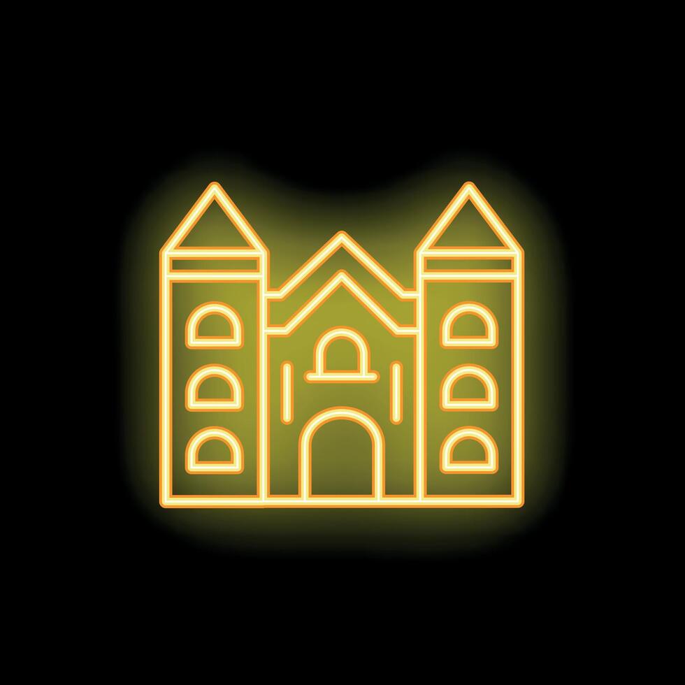 Yellow neon sign of a medieval castle shining on a black background vector