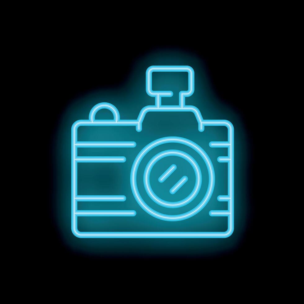 Glowing neon icon of a retro camera with flash on black background vector