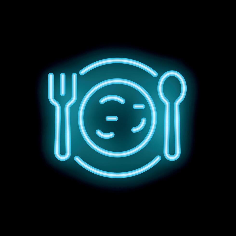 Neon sign showing plate with fork and spoon on black background vector