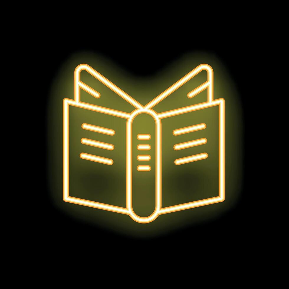 Yellow neon open book spreading knowledge icon at night vector