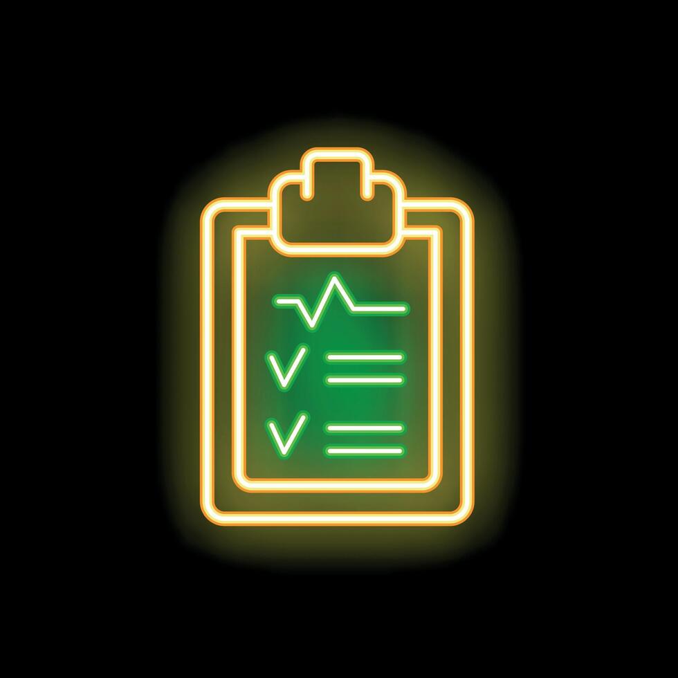 Neon sign showing clipboard with checklist on black background vector