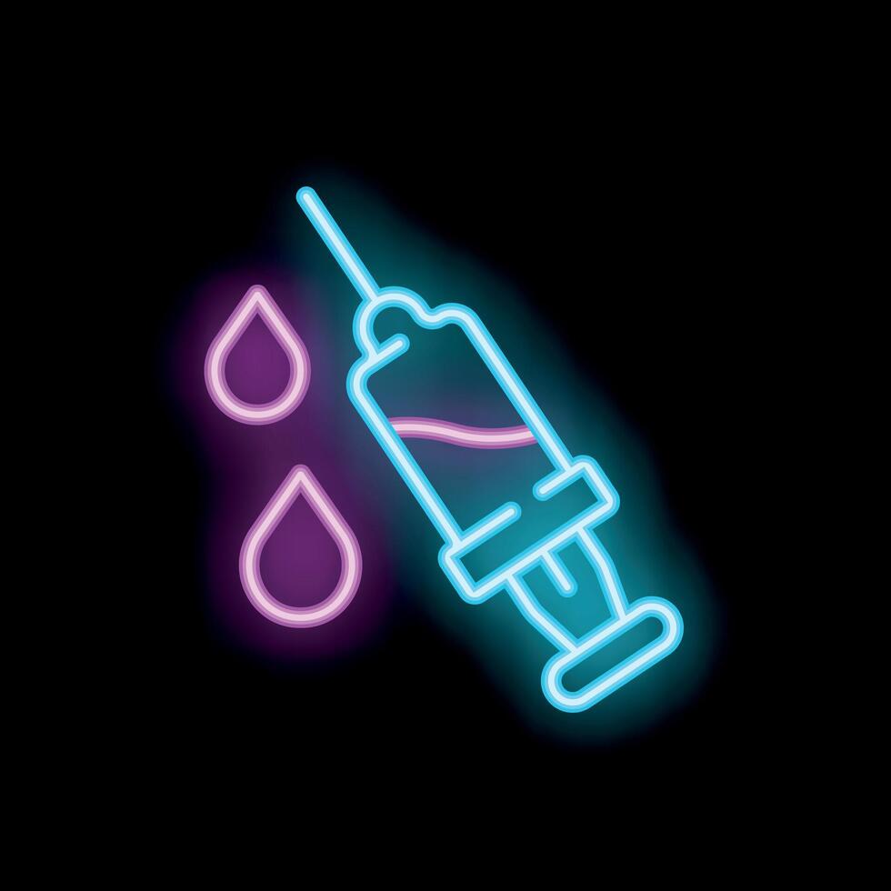 Neon syringe dripping with liquid and blood drops vector