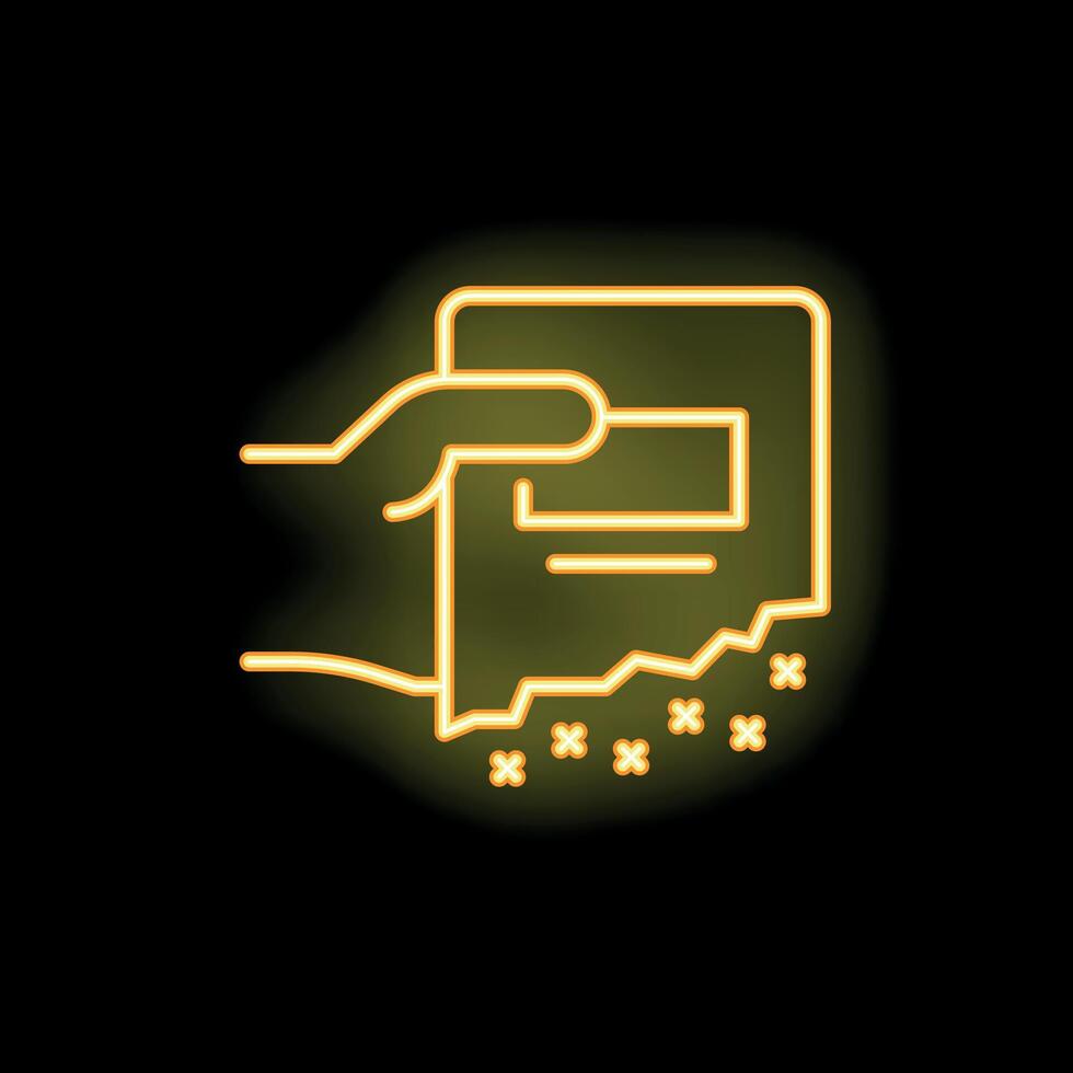 Hand holding burning document with falling ashes neon sign vector