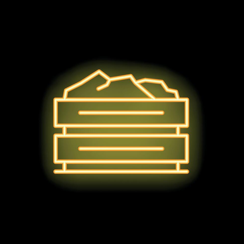 Neon icon of wooden box full of coal representing mining industry vector