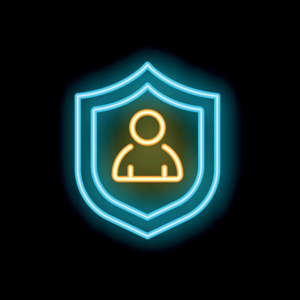 Neon shield protecting user icon on black background vector