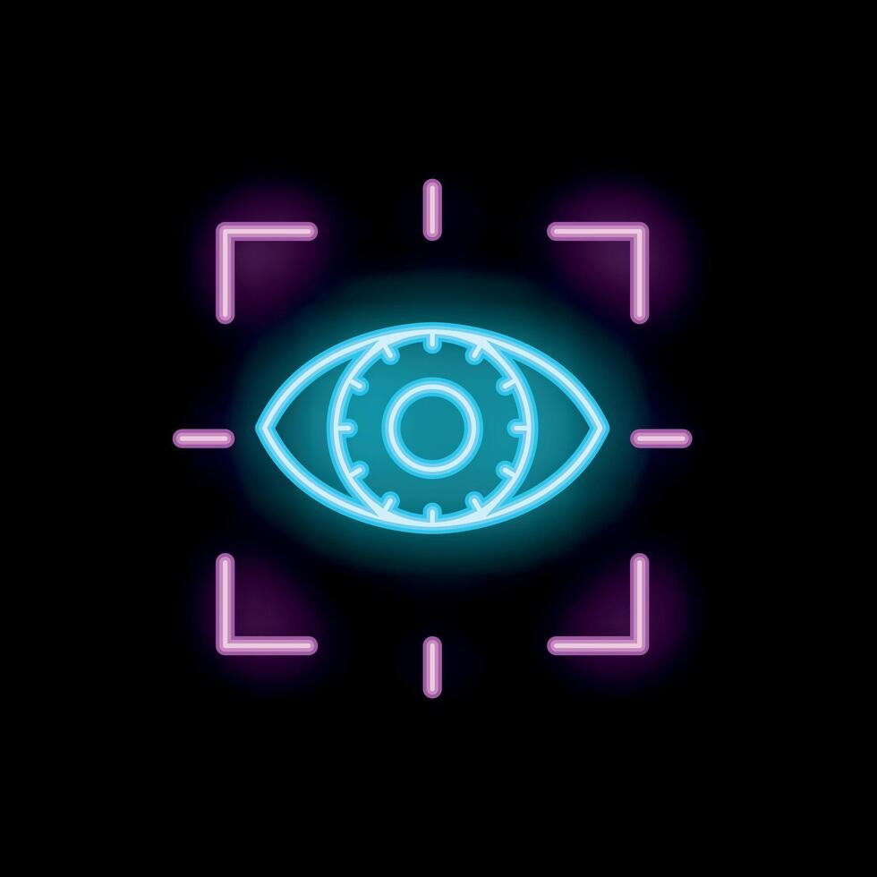 Neon eye scanning system glowing on black background vector
